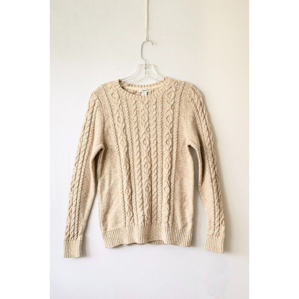 L.L. Bean M Reg tan cable knit sweater crew neck Fishermen